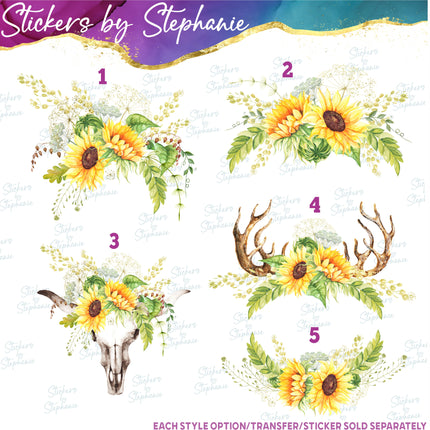 (s02-241) Sunflowers Cow Skull Antlers Graphic Iron-On Transfer or Sticker
