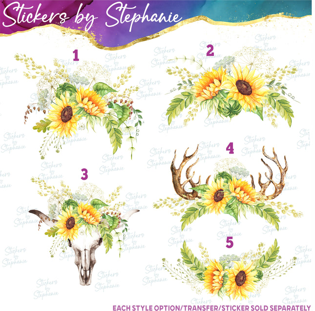 (s02-241) Sunflowers Cow Skull Antlers Graphic Iron-On Transfer or Sticker