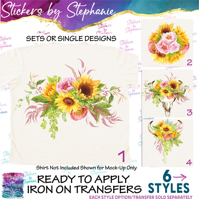 (s02-242) Sunflowers Peonies Flowers Graphic Iron-On Transfer or Sticker