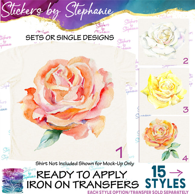 (s02-248) Coral Peach White Yellow Roses Rose Flowers Graphic Iron-On Transfer or Sticker