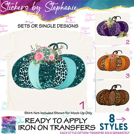 (s02-250) Teal Purple Orange Leopard Pumpkin Flowers Graphic Iron-On Transfer or Sticker