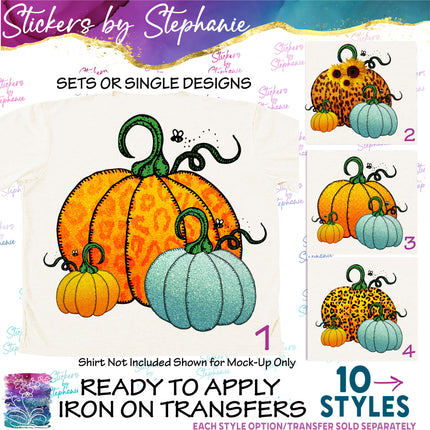 (s02-251) Leopard Teal Orange Pumpkins Graphic Iron-On Transfer or Sticker