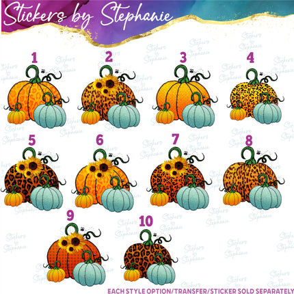 (s02-251) Leopard Teal Orange Pumpkins Graphic Iron-On Transfer or Sticker