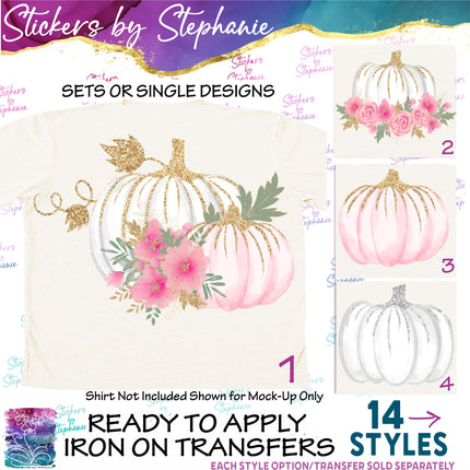 (s02-252) White Pink Pumpkins Flowers Graphic Iron-On Transfer or Sticker