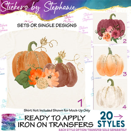 (s02-253) Brown Orange White Pumpkins Flowers Graphic Iron-On Transfer or Sticker