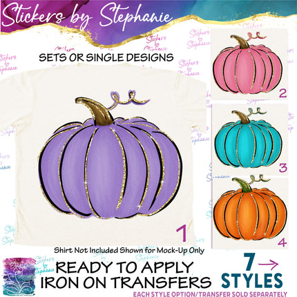 (s02-256) Colorful Pumpkins Purple Teal Pink Orange Graphic Iron-On Transfer or Sticker