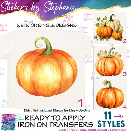 (s02-257) Pumpkins Watercolor Illustrated Graphic Iron-On Transfer or Sticker