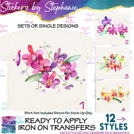 (s02-270) Purple Pink Yellow Orchids Flowers Graphic Iron-On Transfer or Sticker