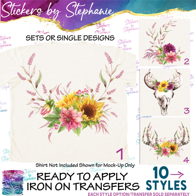 (s02-276) Sunflowers Dahlias Flowers Graphic Iron-On Transfer or Sticker