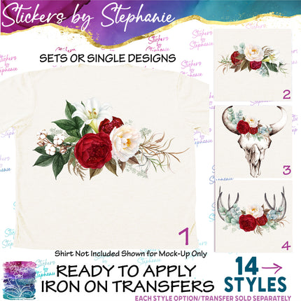 (s02-278) Red White Roses Flowers Graphic Iron-On Transfer or Sticker