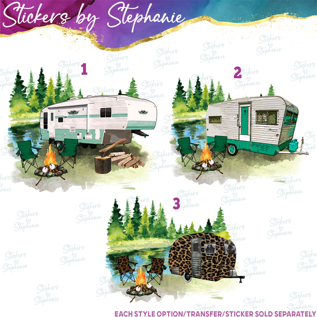 (s02-028) Camper Trailer Watercolor Graphic Iron-On Transfer
