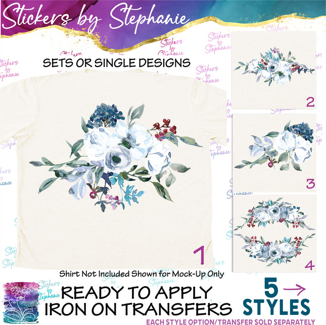 (s02-284) White Blue Flowers Graphic Iron-On Transfer or Sticker