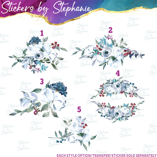(s02-284) White Blue Flowers Graphic Iron-On Transfer or Sticker