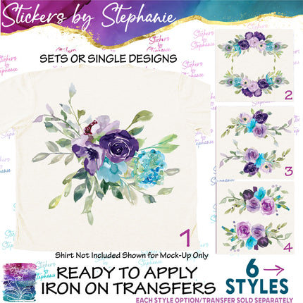(s02-288) Purple Turquoise Teal Flowers Graphic Iron-On Transfer or Sticker