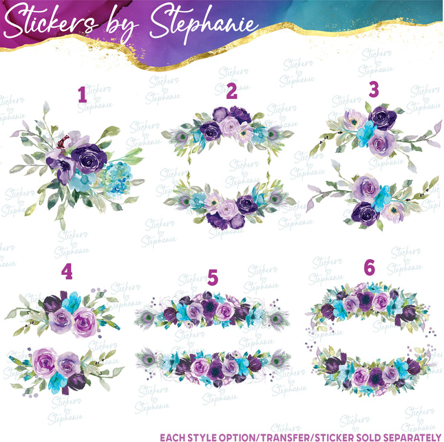 (s02-288) Purple Turquoise Teal Flowers Graphic Iron-On Transfer or Sticker