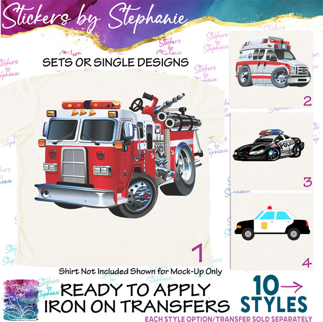 (s02-029) Emergency Rescue Vehicles Fire Truck Police Car Graphic Iron-On Transfer
