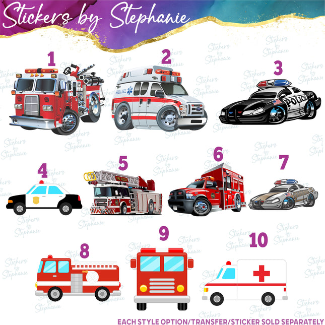 (s02-029) Emergency Rescue Vehicles Fire Truck Police Car Graphic Iron-On Transfer