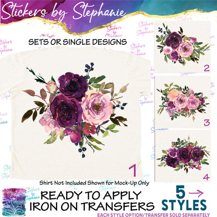 (s02-290) Pink Burgundy Roses Flowers Graphic Iron-On Transfer or Sticker