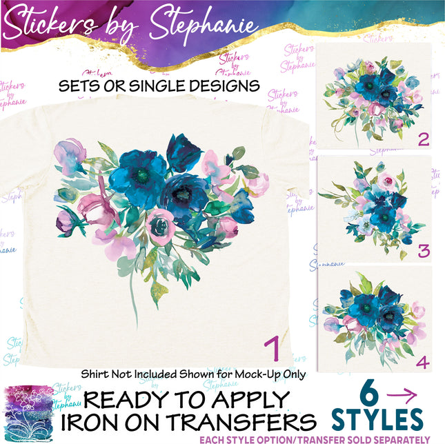(s02-298) Teal Blue Purple Flowers Graphic Iron-On Transfer or Sticker