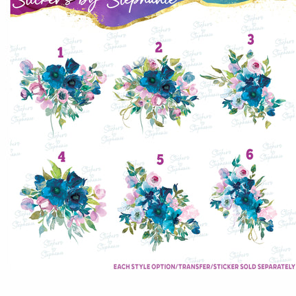(s02-298) Teal Blue Purple Flowers Graphic Iron-On Transfer or Sticker