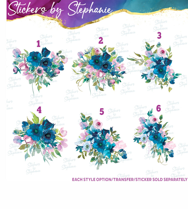 (s02-298) Teal Blue Purple Flowers Graphic Iron-On Transfer or Sticker