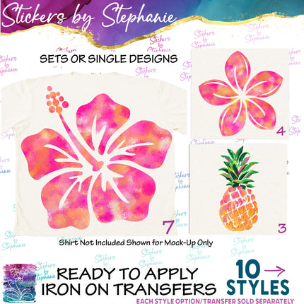 (s02-003) Pink Hibiscus Plumeria Flower Pineapple Graphic Iron-On Transfer or Sticker