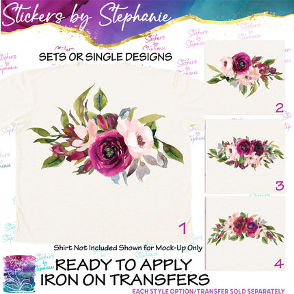 (s02-303) Burgundy Pink Flowers Graphic Iron-On Transfer or Sticker