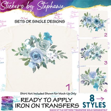 (s02-304) Blue Mint Flowers Graphic Iron-On Transfer or Sticker