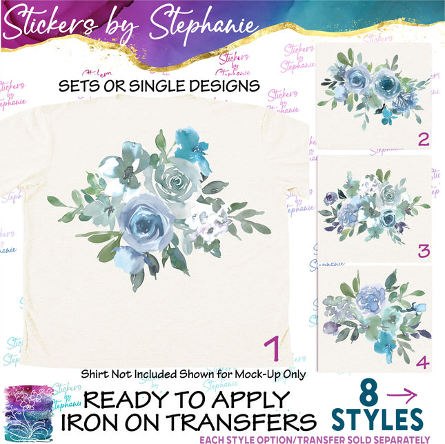(s02-304) Blue Mint Flowers Graphic Iron-On Transfer or Sticker