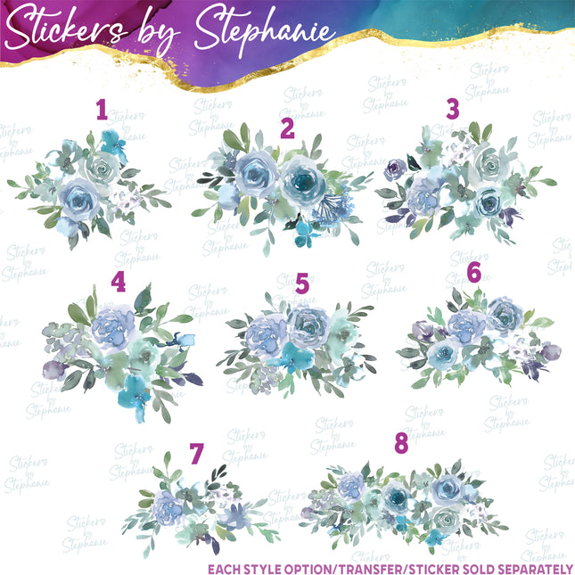 (s02-304) Blue Mint Flowers Graphic Iron-On Transfer or Sticker