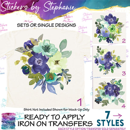 (s02-305) Blue Mint Green Flowers Graphic Iron-On Transfer or Sticker