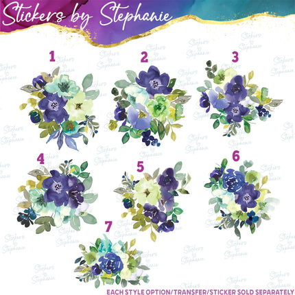 (s02-305) Blue Mint Green Flowers Graphic Iron-On Transfer or Sticker