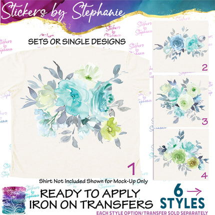 (s02-306) Mint Green Blue Flowers Graphic Iron-On Transfer or Sticker