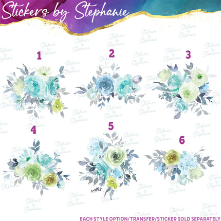 (s02-306) Mint Green Blue Flowers Graphic Iron-On Transfer or Sticker