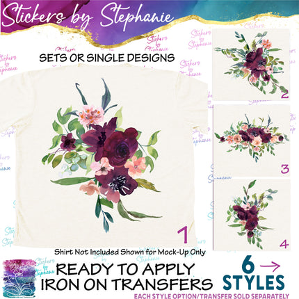 (s02-307) Burgundy Peach Flowers Graphic Iron-On Transfer or Sticker