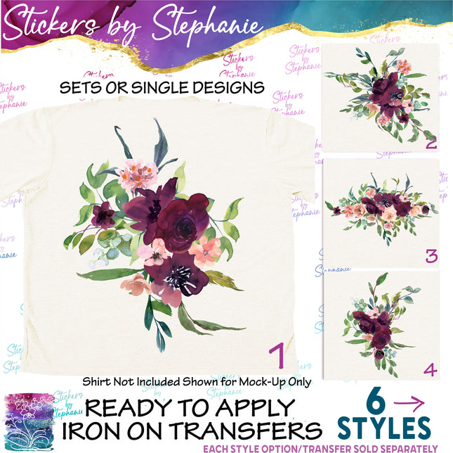 (s02-307) Burgundy Peach Flowers Graphic Iron-On Transfer or Sticker
