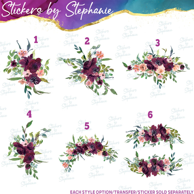 (s02-307) Burgundy Peach Flowers Graphic Iron-On Transfer or Sticker