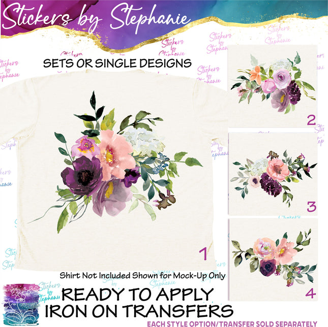 (s02-308) Burgundy Peach Flowers Graphic Iron-On Transfer or Sticker