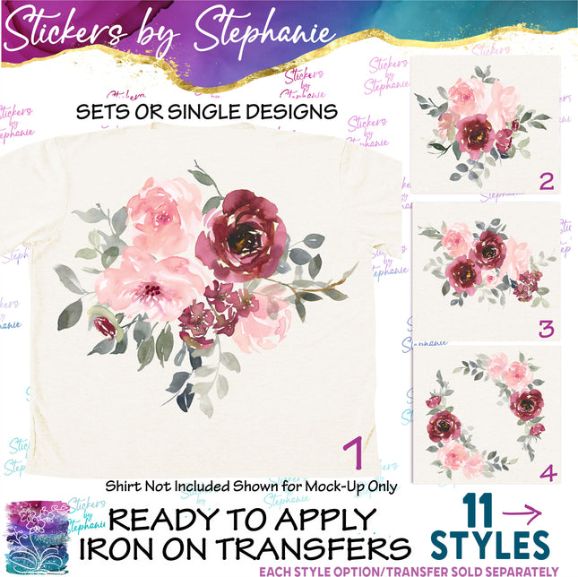 (s02-309) Pink Burgundy Flowers Graphic Iron-On Transfer or Sticker
