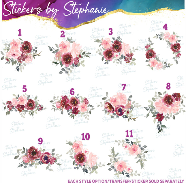(s02-309) Pink Burgundy Flowers Graphic Iron-On Transfer or Sticker