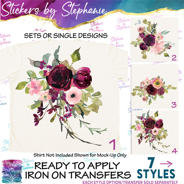 (s02-310) Burgundy Pink Roses Graphic Iron-On Transfer or Sticker