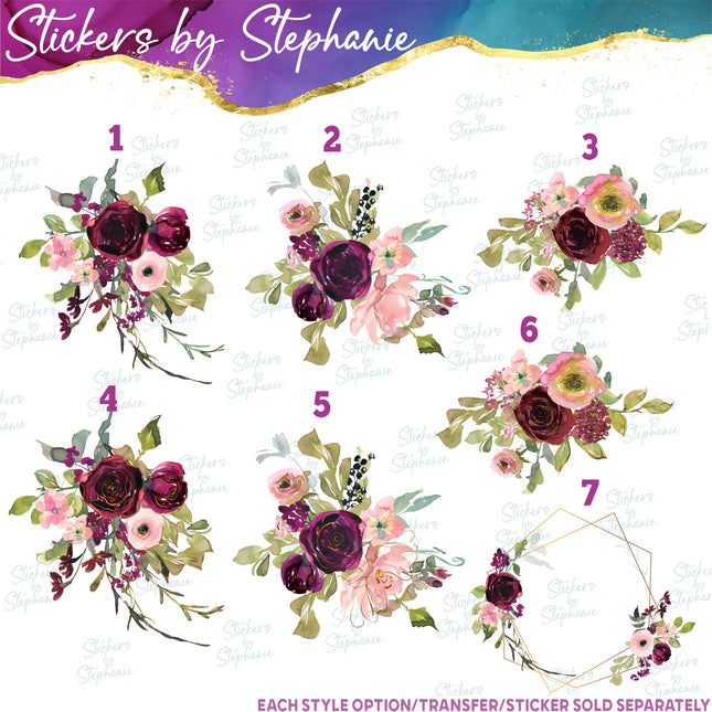 (s02-310) Burgundy Pink Roses Graphic Iron-On Transfer or Sticker