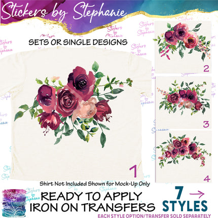 (s02-311) Burgundy Red Roses Flowers Graphic Iron-On Transfer or Sticker