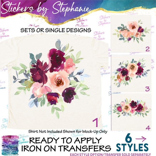 (s02-312) Burgundy Peach Roses Graphic Iron-On Transfer or Sticker