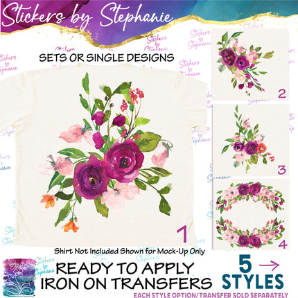 (s02-314) Burgundy Pink Orange Flowers Graphic Iron-On Transfer or Sticker