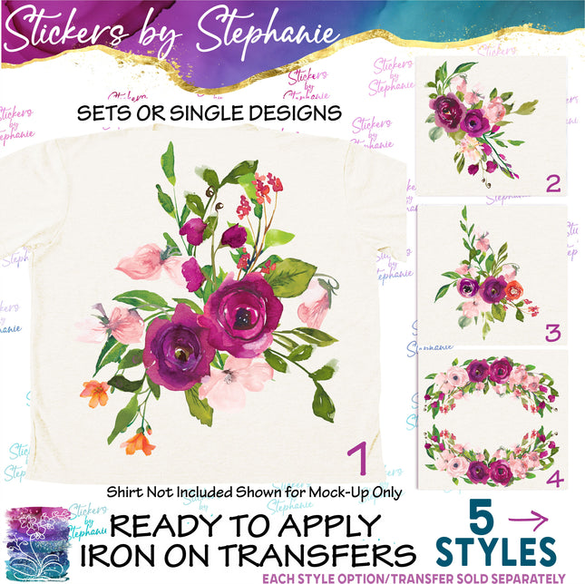 (s02-314) Burgundy Pink Orange Flowers Graphic Iron-On Transfer or Sticker
