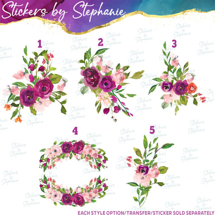 (s02-314) Burgundy Pink Orange Flowers Graphic Iron-On Transfer or Sticker
