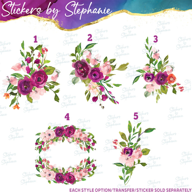 (s02-314) Burgundy Pink Orange Flowers Graphic Iron-On Transfer or Sticker