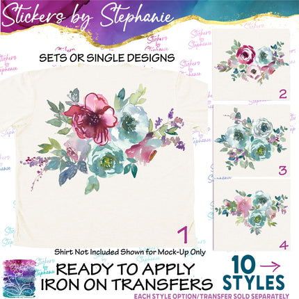 (s02-315) Burgundy Mint Roses Flowers Graphic Iron-On Transfer or Sticker