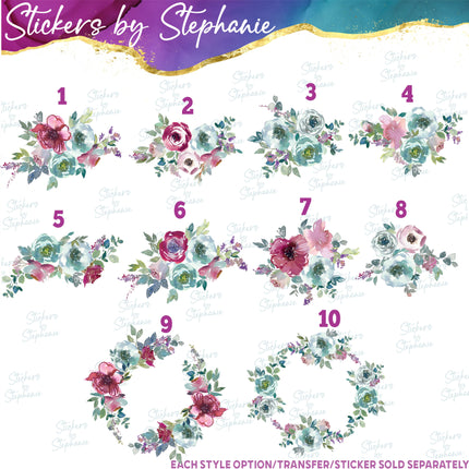 (s02-315) Burgundy Mint Roses Flowers Graphic Iron-On Transfer or Sticker